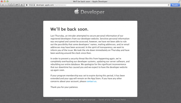 Apples Warnung auf dem Server für registrierte Entwickler. (Screenshot: Golem.de)